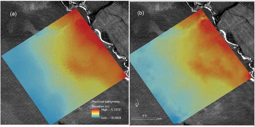 Figure 9. Comparison of (a) the SVM model prediction image with (b) the spatial interpolation image using all sample points.