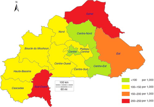 Fig. 6 Under-five mortality rates by region among children born between 2003 and 2008 in Burkina Faso.