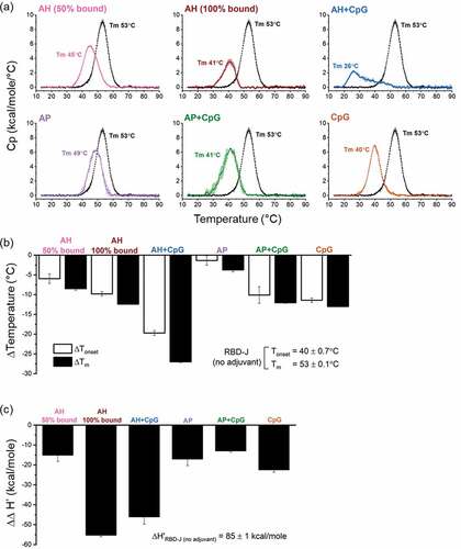 Figure 5. Conformational stability of RBD-J in formulations F1-F7 as measured by DSC. (a) Representative DSC thermograms of RBD-J in each formulation. DSC thermogram of unadjuvanted in-solution RBD-J (black) is plotted alongside each adjuvanted formulation for comparison. Thermal unfolding temperature (Tm) values are shown as the mean of n = 2 measurements with range = ± 0.1–0.6°C. Effect of adjuvants on (b) ΔTonset and ΔTm values and (c) Δapparent enthalpy (∆∆H’) values of RBD-J in F1-F6 as determined by subtracting the results for each formulation from respective values of the unadjuvanted in-solution RBD-J control. Bars indicate mean of n = 2 measurements and the errors bars represent the data range.