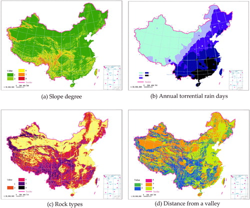 Figure 4. Classification maps showing each impact factor of collapse hazards in China. (a) Slope degree; (b) Annual torrential rain days; (c) Rock types; (d) Distance from a valley. Source: Author