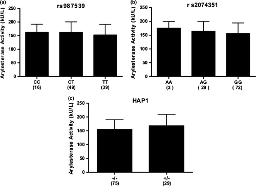 Figure 2.  PON1 arylesterase activity in control serum. PON1 arylesterase activity was determined for 104 healthy control individuals. DNA isolated from the same samples was genotyped. The graphs represent the arylesterase activity observed for (a) rs987539 genotypes, (b) rs2074351 genotypes, and (c) the SALS-associated HAP1 haplotype. No individuals were observed that were homozygous for the HAP1 haplotypes. The numbers in parenthesis represent the sample size for the group shown. Error bars represent the standard deviation of each group.