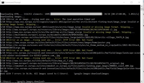 Figure 1. A command window running the google-images.download script, note the errors highlighted in yellow. Screenshot by the author 29 September 2021.