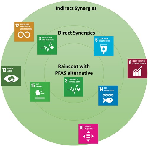 Figure 6. UN SDG goals satisfied by using a raincoat made with a PFAS alternative. There are no green principles used since chemical information was not easily available.
