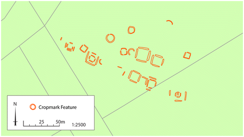 Fig 5 Pitgaveny (Pitairlie), Moray. A linear barrow cemetery with an exceptional number of large square barrows, some with multiple enclosing ditches. Illustration by Juliette Mitchell. Base map © Crown Copyright/database right 2016. An Ordnance Survey/EDINA supplied service.