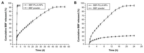 Figure 5 In vitro release curves for BBF from BBF-loaded PLLA nanoparticles and BBF powder in phosphate-buffered saline. (A) Experimental points over the complete time assay. (B) First 24 hours of the release study (n = 3).Abbreviations: BBF, (Z-)-4-bromo-5-(bromomethylene)-2(5H)-furanone; PLLA, poly(L-lactic acid); NPs, nanoparticles.