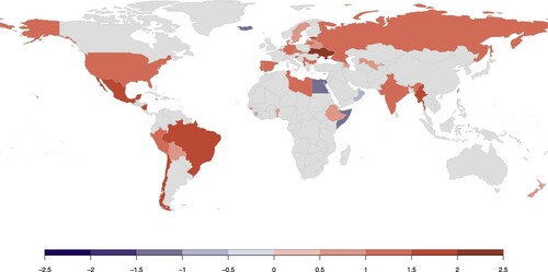 Figure A4. Countries democratizing vs. autocratizing, 2011–2021. Notes: Figure A4 shows where the LDI has improved (blue) or declined (red) substantially and significantly over the past decade. Countries in grey had no substantial and significant change on the LDI during this period.