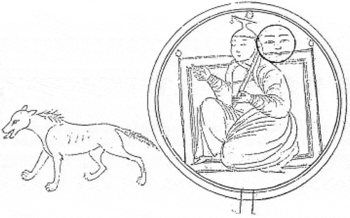 Figure 1. The canine leaving Alan Qo’a’s yurt. Picture source: Ivanics, ‘Memories of Statehood,’ 572, who cites earlier publications by Emel Esin and Zeki Velidi Togan