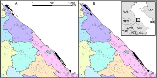 Figure 7. Example illustrating situation (A) before and (B) after manual harmonization of a stretch of Caspian Sea coastline in Russia. Solid black lines enclose original census units; black pixels denote mapped built-up areas (shaded: already within census boundaries; solid: outside original census areas).
