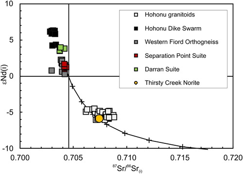 Figure 7. Whole rock Sr and Nd isotope data for the Thirsty Creek Norite compared to selected lithologies from the literature. All analyses age-corrected to 107 Ma with the exception of the Hohonu Dike Swarm (90 Ma). Also shown is a simplistic bulk mixing curve between a mafic end-member with Separation Point Suite isotopic compositions (87Sr/86Sr(107Ma) = 0.7042, εNd(107Ma) = +1.37, Sr = 425.7 ppm, Nd = 14.88 (average continental arc basalt from Keleman et al. Citation2014)) and average Greenland Group (87Sr/86Sr(107Ma) = 0.74409, εNd(107Ma) = −11, Sr = 70 ppm, Nd = 36 (Waight, Weaver, Muir, Maas et al. Citation1998)). Tick marks represent 10% increments of mixing. Data sources: Hohonu Dike Swarm = van der Meer et al. (Citation2017), Hohonu Granites = Waight, Weaver, Muir, Maas et al. (Citation1998), Separation Point Suite = Muir et al. (Citation1995), Western Fiordland Orthogneiss = McCulloch et al. (Citation1987), Muir et al. (Citation1998). Darran Suite = Muir et al. Citation1998.