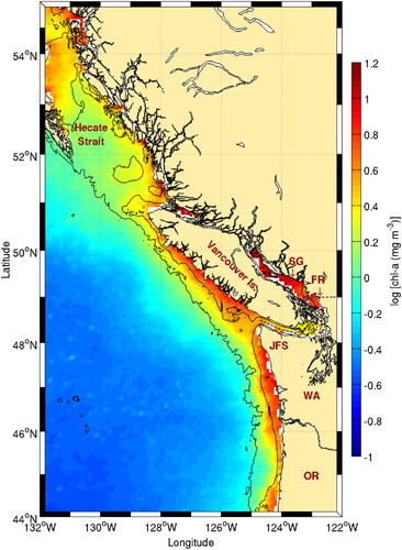 Fig. 21 Chl-a concentration climatology (1998–2010) around Vancouver Island. The 100 and 1000 m isobaths are shown. See Fig. 20 for acronyms.