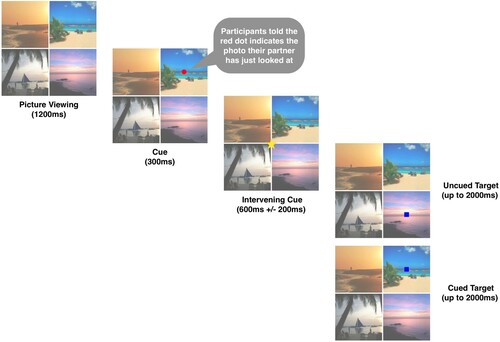 Figure 1. Joint spatial cuing paradigm trial structure used for all experiments (4 location display shown). Participants were first presented with an array of photos (2 for Exp. 1b, 4 for Exp. 1a, 2a & 2b), following which a red dot cue was presented in the middle of one of the photos. Participants were told that this indicated the photo their playing partner just looked at and as such was imbued with social meaning. After an intervening cue that returned attention back to the centre of the display, participants were instructed to respond as quickly as possible to the appearance of a blue square, which could appear at a cued or uncued location.