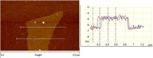 Figure 4. Atomic force microscopy (AFM) images of GO platelets deposited on an oxidized smooth silica surface