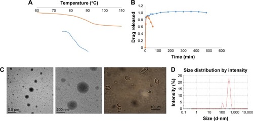 Figure 3 Characterization of the two kinds of NM-SD prepared by HME. (A) Tg of the NM-SD measured by modulated-DSC. NM-SD containing PVP-VA only (red) and NM-SD containing both PVP-VA and PEO-VA-NVCL (blue). (B) Release curves of the NM-SD containing PVP-VA only (red) and NM-SD containing both PVP-VA and PEO-VA-NVCL (blue). (C) TEM images of the micelle solution prepared by dissolving the NM-SD containing both PVP-VA and PEO-VA-NVCL and microscopy image of the drug crystals in the solution obtained from dissolving NM-SD containing PVP-VA only. (D) Particle size measurement of the micelle solution prepared by dissolving the NM-SD containing both PVP-VA and PEO-VA-NVCL.Abbreviations: d, diameter; DSC, differential scanning calorimetry; HME, hot-melt extru sion; NM-SD, nimodipine-solid dispersions; PEO-VA-NVCL, polyoxyethylene/vinyl acetate/N-vinyl-caprolactam; PVP-VA, polyvinylpyrrolidone vinyl acetate; TEM, transmission electron microscopy; Tg, glass transition temperature.