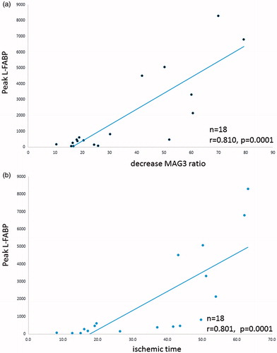 Figure 2. Correlation of peak urinary l-FABP concentrations with (a) MAG3 ratios and (b) ischemia times.