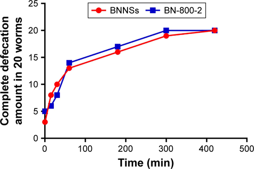 Figure S3 Defecation kinetics of worms after BN exposure.Notes: Worms were subjected to 24-hour exposure to RhoB-labeled BNNSs and BN-800-2 (500 µg·mL−1) in K medium (n=20). After exposure, the worms were washed and transferred to a clean plate for defecation in the absence of food. Complete defecation was defined as no RhoB-labeled BN materials observed in whole intestinal lumen of worms, the amount of which was recorded at 0, 15, and 30 minutes and 1, 3, 5, and 7 hours from transference. Data presented as mean ± SD.Abbreviations: BNNSs, boron nitride nanospheres; BN-800-2, highly water-soluble boron nitride; RhoB, rhodamine B.