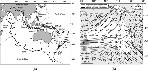 Figure 1 (a) Forces acting along the Indo-Australian Plate. H, Himalaya; S, Sumatra Trench; J, Java Trench; B, Banda Arc; NG, New Guinea; SM, Solomon Trench; NH, New Hebrides; TK, Tonga–Kermadec Trench; NZ, New Zealand; SNZ, south of New Zealand; MOR, mid-ocean ridge; LHR, Lord Howe Rise; cb, collisional boundary; sz, subduction zone; ia, island arc. (b) Stress field within the Australian continent. Stress trajectories as predicted by a thin elastic-plate model driven by forces originating along the plate compressional boundaries, superimposed on averaged stress orientation estimates from large earthquakes and borehole data (from Reynolds et al. Citation2002).