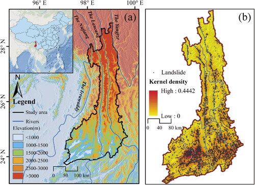 Figure 1. Location of the study area (a) and kernel density map of landslides (b).