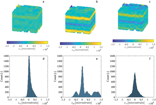 Figure 6. Cross-sections of the strain fields (a-c) (calculated from DVC displacement fields) for the εxy, εyz and εzz components of the repeated scan synthetic bone cube dataset, as well as their corresponding histograms (d-f). The image dataset was acquired using the standard HR-pQCT scanning procedure for large VOIs.