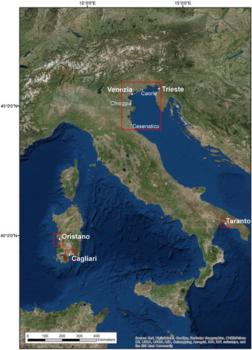 Figure 3. The four Italian areas investigated in this study, characterized by coastal plains and geo-diversity.