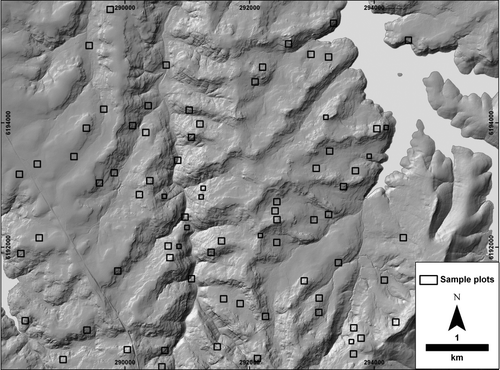 PLATE 1.  Topography and sample plots. Hillshade solar angle 45°; azimuth 315°. See Jenkins (Citation2009) for additional field site data.