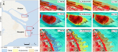Figure 18. Subset views of tidal flats from our tidal wetland map (TWM), the FUDAN/OU map in 2020 (Wang et al. Citation2023), and the CTF map (Jia et al. Citation2021) in Chongming Beitan (A), Jiuduansha (B) and Nanhui Dongtan (C). The background Landsat 8 image was acquired on 2020/05/12. R:G:B = 5:4:3.