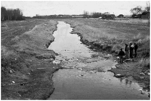 Figure 10 A ford crossing in the channelized reach of Mink Creek viewed from Provincial Trunk Highway 20, 3 km west of Lake Dauphin, MB, in 1984. The channel has been reconstructed three times since 1951 as the shale gravel bed eroded and the banks collapsed. The 17 m3/s design flood capacity at the floodplain level increased to 76 m3/s in the down-cutting channel.