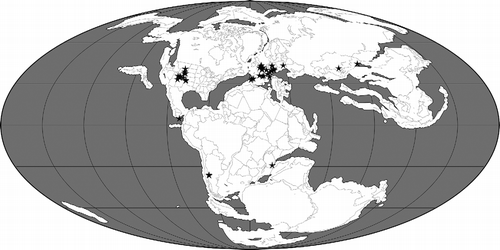 Figure 5 Palaeogeographical map for the Late Jurassic (150 Ma) showing the locations of 77 collections of pterosaurian specimens. The map was generated using software available at Fossilworks (Alroy Citation2013), with collections data downloaded from The Paleobiology Database.