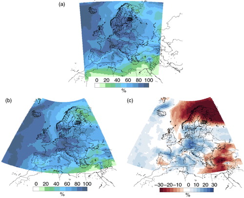 Fig. 9 Mean relative humidity at 925 hPa prior and during the event (27.05.2013–02.06.2013) (a) in 052300 CTRL simulation (b) in ERA-Interim. (c) The difference of (b) from ERA-Interim climatological (1979–2013) mean relative humidity in May.