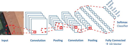 Figure 4. Architecture of a typical Convolutional Neural Network for image analysis. The figure shows the successive steps of convolution and pooling to generate a feature vector which is classified in the final step, typically using the softmax classifier (the non-linear activation function is not depicted).