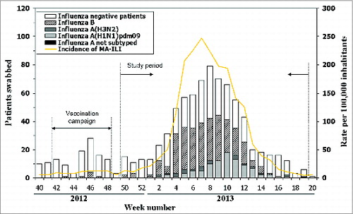 Figure 1. Number of influenza cases and test-negative controls, and incidence of influenza-like illness by week, 2012–2013 season in Navarra, Spain.
