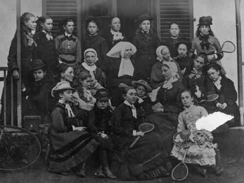 Figure 2. Teachers and learners from All Saints School, Wynberg, Cape Colony, 1876. This is the earliest known Cape Town tennis photograph to date. (Source: Western Cape Archives and Records Services, AG 13414.)