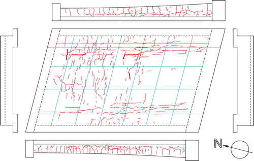 Figure 4. Map of existing cracks in span 4 of viaduct Zijlweg. The cracks that were monitored during a test are indicated in bold.