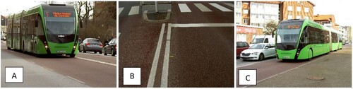 Figure 1. A bus lane in the city of Malmö: (a) section A, (b) section B with deceleration area in front of signalised intersection, and (c) section C with curb and physical barrier in the middle.