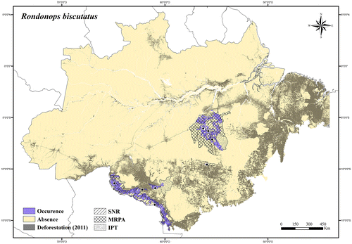 Figure 63. Occurrence area and records of Rondonops biscutatus in the Brazilian Amazonia, showing the overlap with protected and deforested areas.