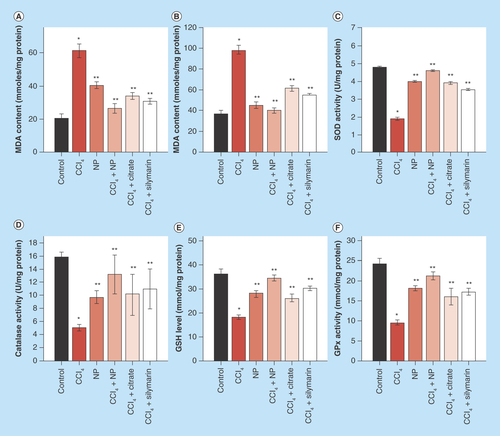 Figure 7.  Effects of orally treated C-Mn3O4 nanoparticles on liver SOD, catalase, GPx, GSH and MDA content in CCl4 intoxicated mice.(A) Serum MDA content. (B) MDA content from liver homogenate. (C) SOD activity. (D) Catalase activity. (E) GSH level. (F) GPx activity.*Values differ significantly from sham control group (Group I) (*p < 0.001).**Values differ significantly from CCl4-treated group (Group II) (**p < 0.05).