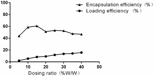 Figure 3 Encapsulation efficiency and drug loading efficiency of MTX detected by UV-VIS-NIR spectrophotometer.Note: When drug loading efficiency was 15%, drug encapsulation efficiency reached the maximum value of 60.9%.