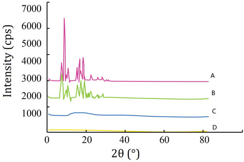 Figure 3 X-ray diffraction spectra. (A) LVTT; (B) physical mixture of LVTT and blank MS; (C) blank MS; and (D) LVTT-PLGA MS.