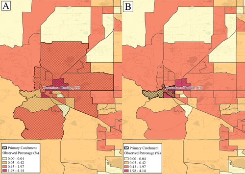 Figure 10 Primary catchment for Downtown Boulder, where the Huff model (A) has and (B) has not accounted for retail center type.