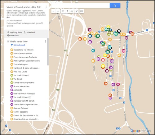 FIGURE 1. Participatory Photo Mapping provided by residents from Ponte Lambro on private Google My Map.