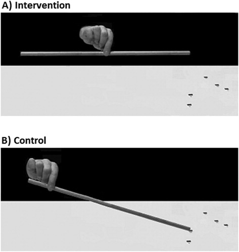 Figure 2. Grasping task performed by the intervention (A) and control (B) groups. The intervention group was asked to grasp the centre of the rod until balanced (A), whilst the control group was asked to grasp the rod at one side (B).