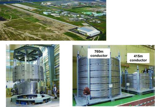 Figure 18 Superconducting cable fabrication facility at the Shin-Nittetsu Engineering Works and the produced conductors wound on a bobbin (lower photos)