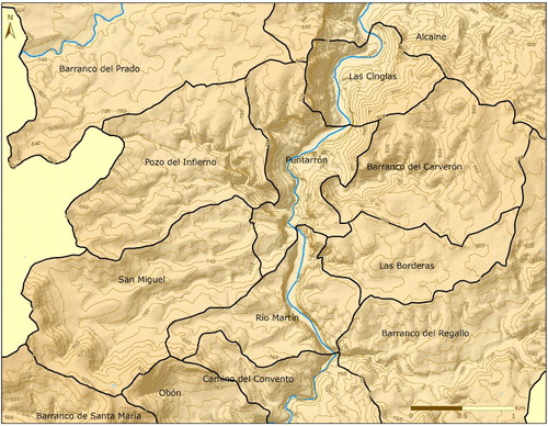 Figure 7. Selected visual landscape units (VLUs) overlaid on a contour map with 20-metre isolines and with hillshading from the DEM.