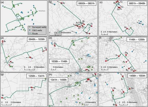 Figure 4. Operational demonstration of the methodology. The optimal route (green line) for 50 randomly selected oil and gas wells within 50 km of Pecos, Texas, USA, on 18 September 2021 is shown in panel (a). Panels (b-i) show the optimized routes for different time segments of the survey based on the estimated travel time. Wells are represented by colored points and labeled (A, B, C, …) according to the order they are surveyed in each segment. Subscript digits denote the corresponding time segment. Blue points are wells that were not surveyed because they did not have a DRIP located within 2 km downwind or their DRIPs were not included in the optimal route. Green points are wells that were surveyed because they had a DRIP located within 2 km downwind. Red points are wells surveyed in the specified survey segment. DRIPs are denoted by the red x’s. Black arrows are 2 km virtual lines calculated using the average of the two wind directions associated with the period displayed in the panel.