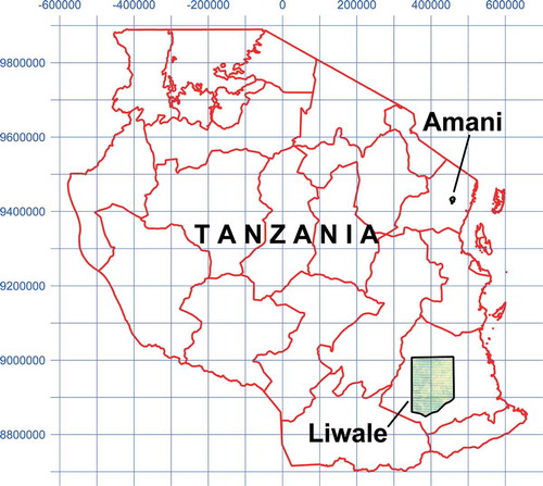 Figure 2. The location and extent of the two study areas, shown on a map of Tanzanian district boundaries. The 100 km grid lines are in UTM zone 37 S.