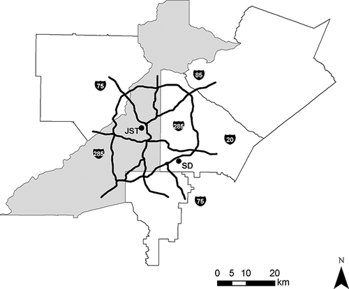 Figure 1. Location of Jefferson Street (JST) and South DeKalb (SD) monitoring stations in Atlanta. Area in gray is Fulton County in Atlanta.