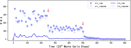 Figure 3. The analysis on the roles of the circular genome and the ribozyme (in regard to REP). The legends are interpreted in the same way as those in Figure 2. The case is just the one shown in Figure 2A, but excludes symbols related to the control sequence, which consistently hover near zero throughout the simulation. This omission prevents their interference with showcasing the linear REP and its complement, both of which exhibit very low levels after the adjustment of parameters (red arrows). At step 2.5 × 106, FLT, which is related to the ability of a linear RNA acting as a template, is altered from 0.5 (default value, see Table 1) to 0 for the linear RNAs containing the REP sequence or its complementary sequence. Then, at step 5 × 106, PTLR, which reflects the catalytic ability of REP, is modified from 0.9 (default value) to 0. See text for a detailed explanation of the analysis.