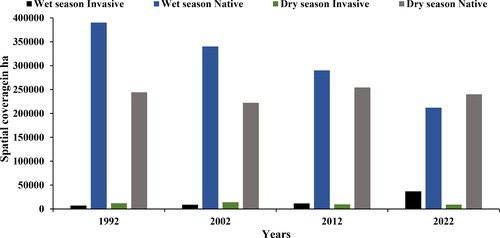 Figure 4. Estimated spatial coverage of invasive woody species during the wet and dry seasons from 1992 to 2022.