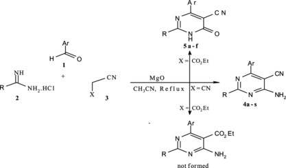 Scheme 1 Three component reactions of aldehydes, amidine systems, and malonitrile or ethyl cyanoacetate in the presence of magnesium oxide (MgO).