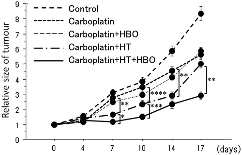 Figure 1. Tumour growth curves of the SCCVII tumours. The relative sizes of the tumours were significantly smaller for the combination of carboplatin plus mild HT and HBO than those for the combination of carboplatin plus mild HT at 7, 10, and 14 days after treatment. In addition, the relative tumour sizes were significantly smaller for treatment with carboplatin plus HT than with carboplatin alone at 7, 10, and 17 days after treatment. Medium dashed line, control; medium dotted line, carboplatin; dashed line, carboplatin + HBO; medium dashed dotted line, carboplatin + HT; medium line, carboplatin + HT + HBO. *p < 0.0001, **p < 0.001, ***p < 0.01, ****p < 0.05.
