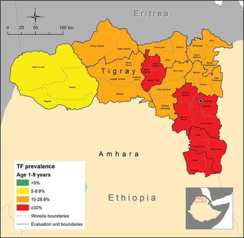 Figure 1. Adjusted prevalence of trachomatous inflammation – follicular (TF) in children aged 1–9 years by evaluation unit, Global Trachoma Mapping Project, Tigray Region, Ethiopia, 2013.